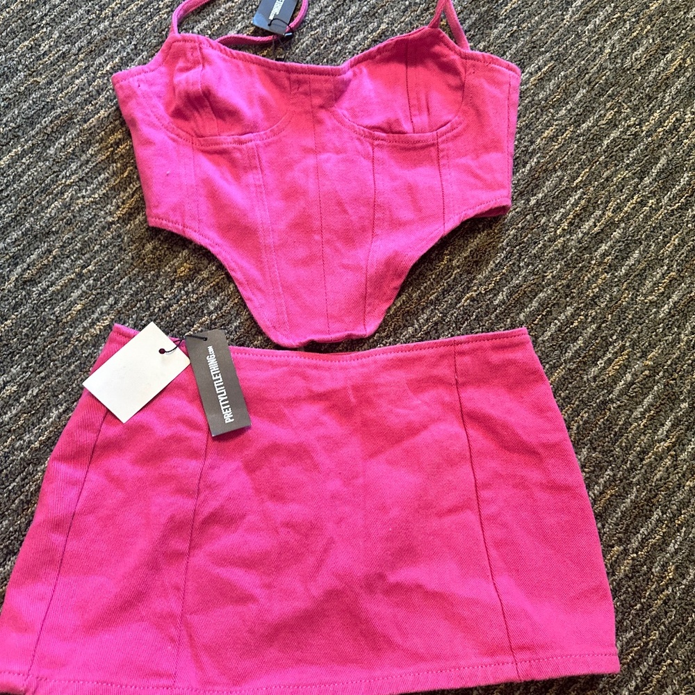 Pretty Little Thing Pink Denim Corset Skirt and Top Set